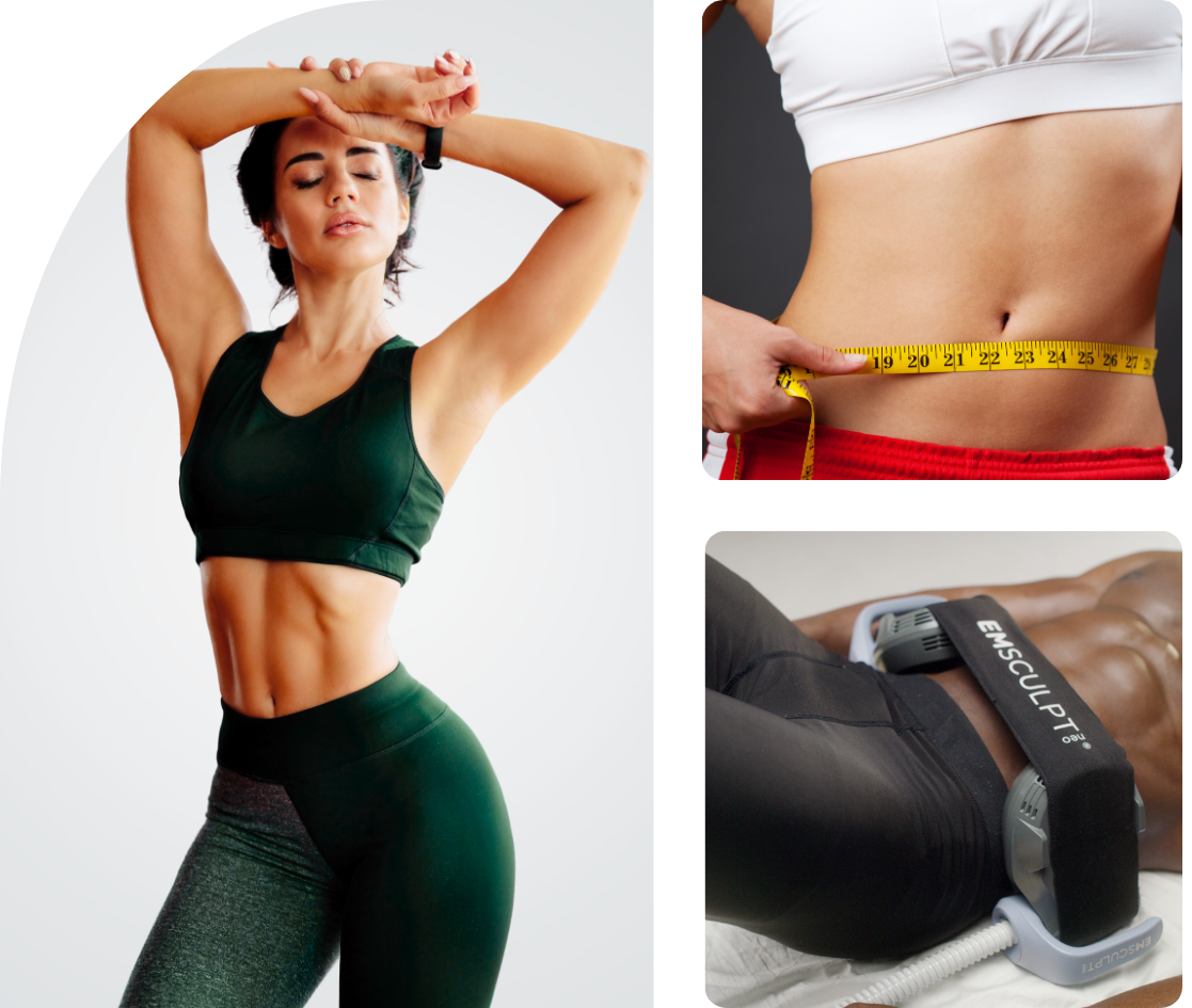 EMSCULPT NEO treatment results showing fitness transformation, body measurements, and professional treatment device